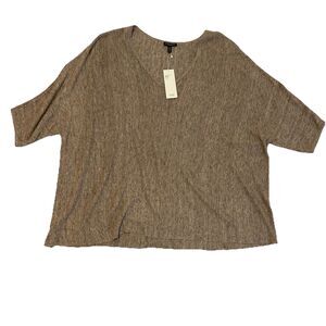Eileen Fisher Boxy Linen Top V Neck Natural Tan Loose Weave NWT - Size 3X